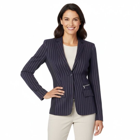 Marc Cain Linen Blend Striped Blazer Lightweight Jacket Navy Black Stretch - Picture 1 of 11
